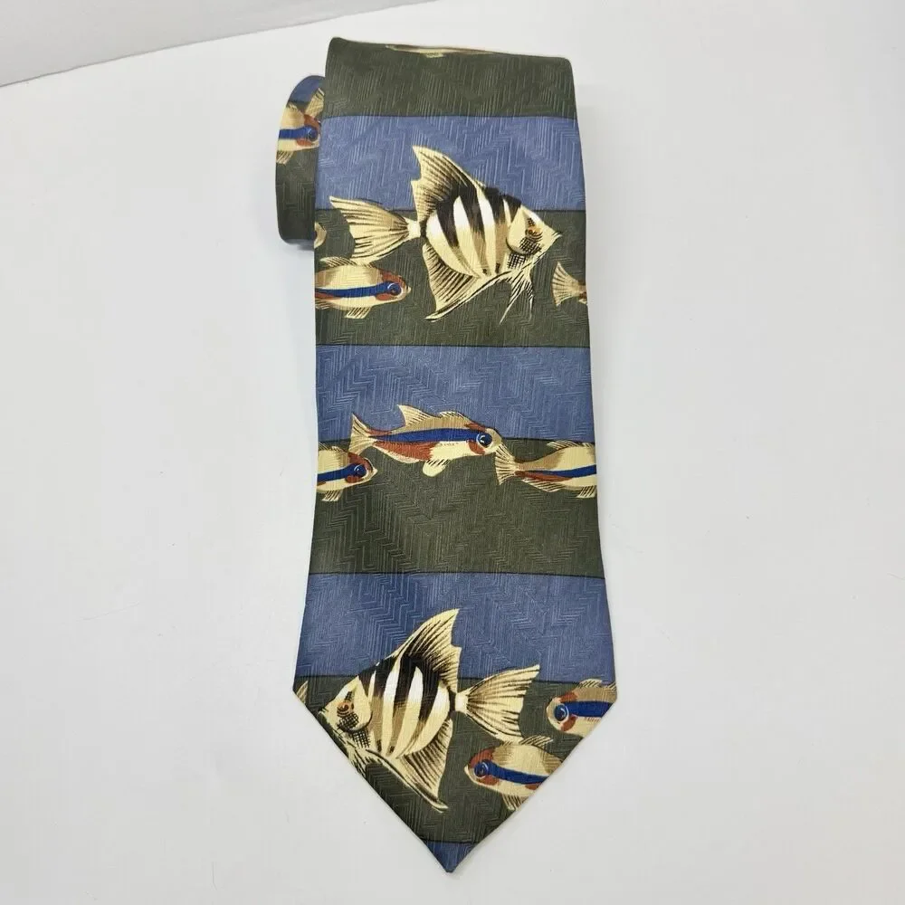 Puritan Special Edition Blue Green Brown Fish Print Polyester Neck Tie